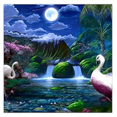 Flamingo Paradise Scenic Bird Fantasy Moon Paradise Waterfall Magical Nature Square Satin Scarf (36  X 36 ) by Ndabl3x