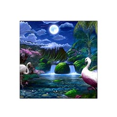 Flamingo Paradise Scenic Bird Fantasy Moon Paradise Waterfall Magical Nature Satin Bandana Scarf 22  X 22  by Ndabl3x