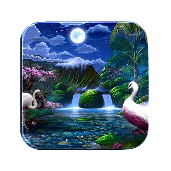 Flamingo Paradise Scenic Bird Fantasy Moon Paradise Waterfall Magical Nature Square Metal Box (Black)