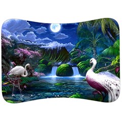 Flamingo Paradise Scenic Bird Fantasy Moon Paradise Waterfall Magical Nature Velour Seat Head Rest Cushion by Ndabl3x