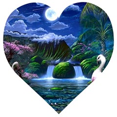 Flamingo Paradise Scenic Bird Fantasy Moon Paradise Waterfall Magical Nature Wooden Puzzle Heart by Ndabl3x