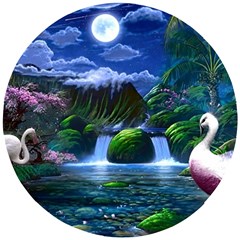 Flamingo Paradise Scenic Bird Fantasy Moon Paradise Waterfall Magical Nature Wooden Puzzle Round by Ndabl3x