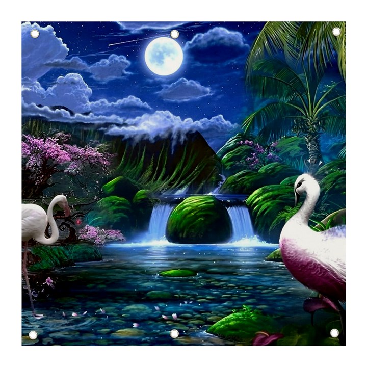 Flamingo Paradise Scenic Bird Fantasy Moon Paradise Waterfall Magical Nature Banner and Sign 3  x 3 