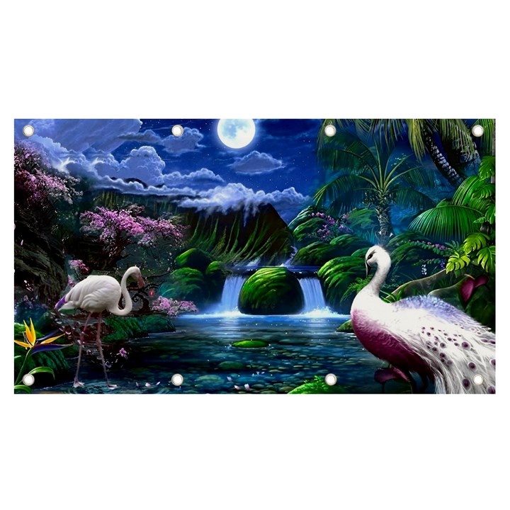 Flamingo Paradise Scenic Bird Fantasy Moon Paradise Waterfall Magical Nature Banner and Sign 7  x 4 