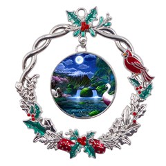 Flamingo Paradise Scenic Bird Fantasy Moon Paradise Waterfall Magical Nature Metal X mas Wreath Holly Leaf Ornament by Ndabl3x