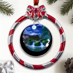 Flamingo Paradise Scenic Bird Fantasy Moon Paradise Waterfall Magical Nature Metal Red Ribbon Round Ornament by Ndabl3x