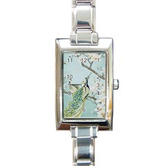 Couple Peacock Bird Spring White Blue Art Magnolia Fantasy Flower Rectangle Italian Charm Watch