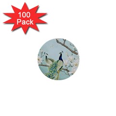 Couple Peacock Bird Spring White Blue Art Magnolia Fantasy Flower 1  Mini Buttons (100 Pack)  by Ndabl3x