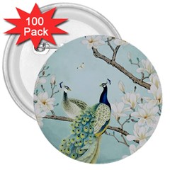 Couple Peacock Bird Spring White Blue Art Magnolia Fantasy Flower 3  Buttons (100 Pack)  by Ndabl3x