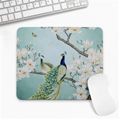 Couple Peacock Bird Spring White Blue Art Magnolia Fantasy Flower Large Mousepad by Ndabl3x