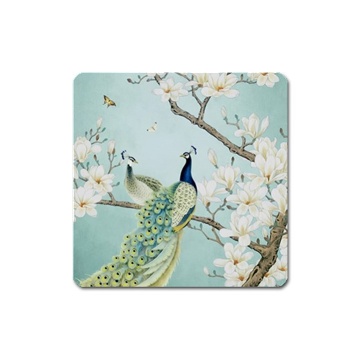 Couple Peacock Bird Spring White Blue Art Magnolia Fantasy Flower Square Magnet