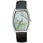 Couple Peacock Bird Spring White Blue Art Magnolia Fantasy Flower Barrel Style Metal Watch Front