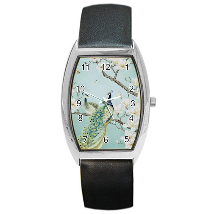 Couple Peacock Bird Spring White Blue Art Magnolia Fantasy Flower Barrel Style Metal Watch