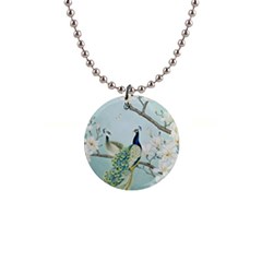 Couple Peacock Bird Spring White Blue Art Magnolia Fantasy Flower 1  Button Necklace by Ndabl3x