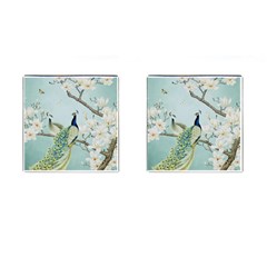 Couple Peacock Bird Spring White Blue Art Magnolia Fantasy Flower Cufflinks (square)