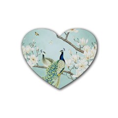 Couple Peacock Bird Spring White Blue Art Magnolia Fantasy Flower Rubber Coaster (heart) by Ndabl3x