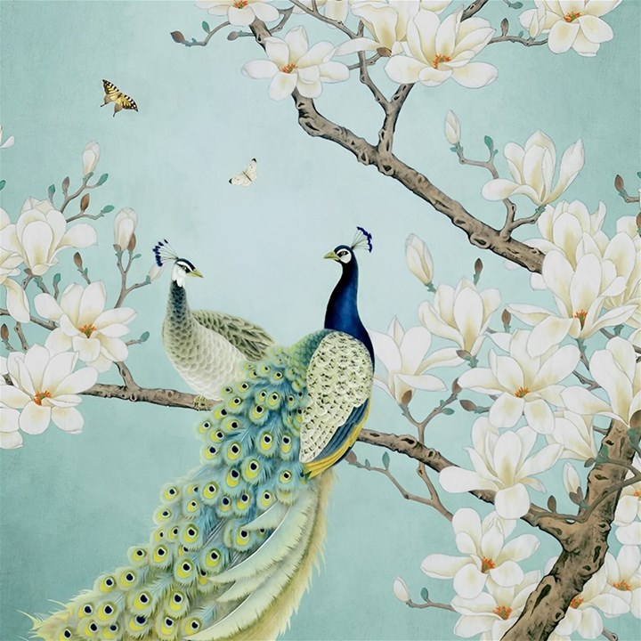 Couple Peacock Bird Spring White Blue Art Magnolia Fantasy Flower Play Mat (Rectangle)