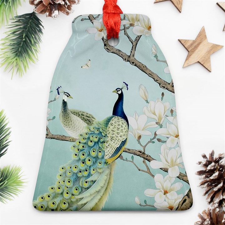 Couple Peacock Bird Spring White Blue Art Magnolia Fantasy Flower Ornament (Bell)