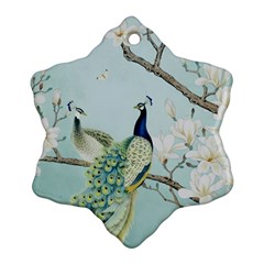 Couple Peacock Bird Spring White Blue Art Magnolia Fantasy Flower Snowflake Ornament (two Sides) by Ndabl3x