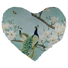 Couple Peacock Bird Spring White Blue Art Magnolia Fantasy Flower Large 19  Premium Heart Shape Cushions by Ndabl3x