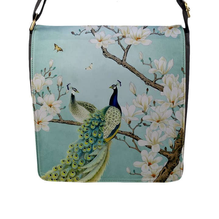 Couple Peacock Bird Spring White Blue Art Magnolia Fantasy Flower Flap Closure Messenger Bag (L)