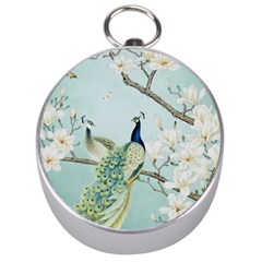 Couple Peacock Bird Spring White Blue Art Magnolia Fantasy Flower Silver Compasses