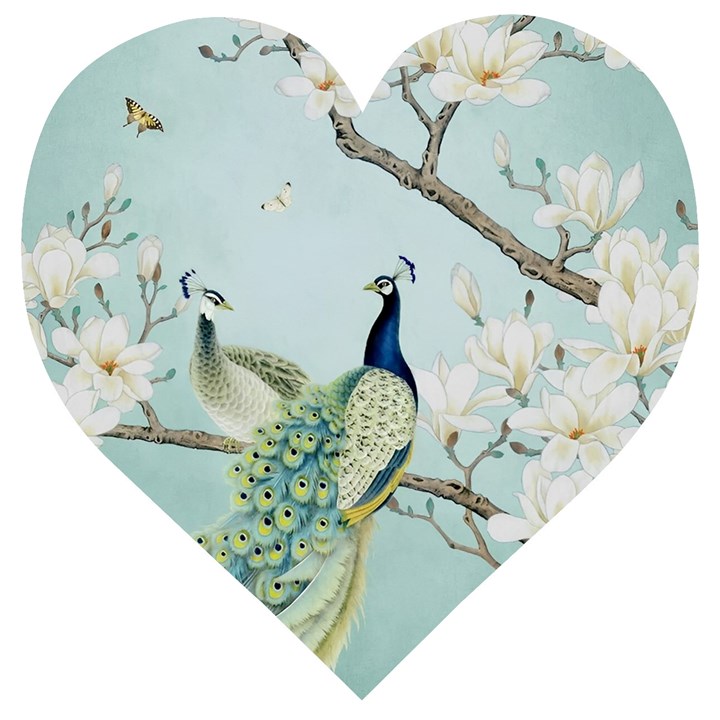 Couple Peacock Bird Spring White Blue Art Magnolia Fantasy Flower Wooden Puzzle Heart