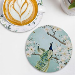 Couple Peacock Bird Spring White Blue Art Magnolia Fantasy Flower Uv Print Round Tile Coaster by Ndabl3x