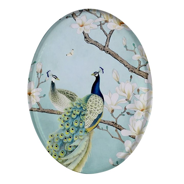 Couple Peacock Bird Spring White Blue Art Magnolia Fantasy Flower Oval Glass Fridge Magnet (4 pack)