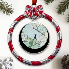 Couple Peacock Bird Spring White Blue Art Magnolia Fantasy Flower Metal Red Ribbon Round Ornament by Ndabl3x