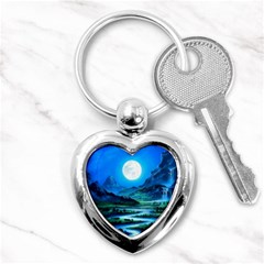 Bright Full Moon Painting Landscapes Scenery Nature Key Chain (heart) by Ndabl3x