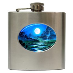 Bright Full Moon Painting Landscapes Scenery Nature Hip Flask (6 Oz) by Ndabl3x