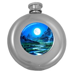 Bright Full Moon Painting Landscapes Scenery Nature Round Hip Flask (5 Oz) by Ndabl3x