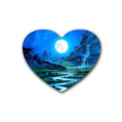 Bright Full Moon Painting Landscapes Scenery Nature Rubber Coaster (heart) by Ndabl3x