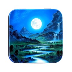 Bright Full Moon Painting Landscapes Scenery Nature Square Metal Box (black) by Ndabl3x