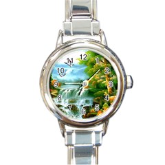 Paradise Forest Painting Bird Deer Waterfalls Round Italian Charm Watch by Ndabl3x