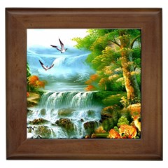 Paradise Forest Painting Bird Deer Waterfalls Framed Tile by Ndabl3x