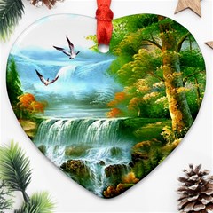 Paradise Forest Painting Bird Deer Waterfalls Ornament (heart) by Ndabl3x