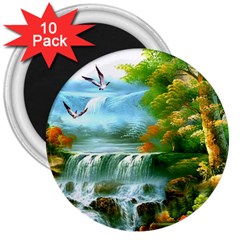 Paradise Forest Painting Bird Deer Waterfalls 3  Magnets (10 Pack)  by Ndabl3x