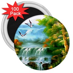 Paradise Forest Painting Bird Deer Waterfalls 3  Magnets (100 Pack) by Ndabl3x