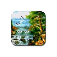 Paradise Forest Painting Bird Deer Waterfalls Rubber Coaster (square) by Ndabl3x