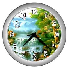 Paradise Forest Painting Bird Deer Waterfalls Wall Clock (silver) by Ndabl3x