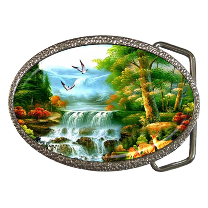 Paradise Forest Painting Bird Deer Waterfalls Belt Buckles