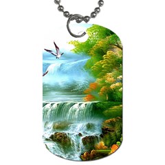 Paradise Forest Painting Bird Deer Waterfalls Dog Tag (two Sides) by Ndabl3x