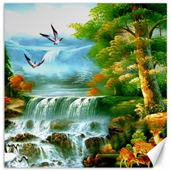 Paradise Forest Painting Bird Deer Waterfalls Canvas 12  X 12  by Ndabl3x