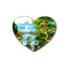 Paradise Forest Painting Bird Deer Waterfalls Rubber Coaster (heart) by Ndabl3x