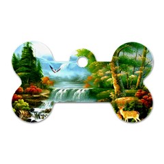 Paradise Forest Painting Bird Deer Waterfalls Dog Tag Bone (two Sides) by Ndabl3x