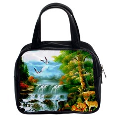 Paradise Forest Painting Bird Deer Waterfalls Classic Handbag (two Sides) by Ndabl3x