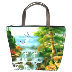 Paradise Forest Painting Bird Deer Waterfalls Bucket Bag by Ndabl3x