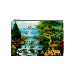 Paradise Forest Painting Bird Deer Waterfalls Cosmetic Bag (medium) by Ndabl3x